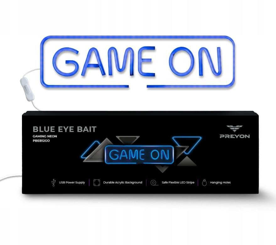 PREYON Blue Eye Bait GAME ON Neon LED-bord, Blauw, Wanddecoratie voor Gaming en Kinderkamer met USB-verlichting