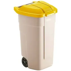 Mülltonne 110 L beige mobiler Container mit gelbem Deckel aus Polyproylen, mit Rädern und ergonomischen Handgriffen