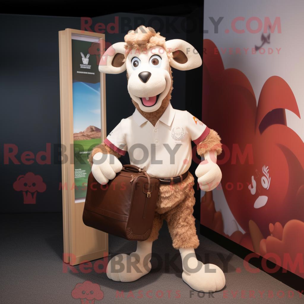 Maskottchen REDBROKOLY einer braunen Ziege mit Rugby-Shirt und Aktentasche