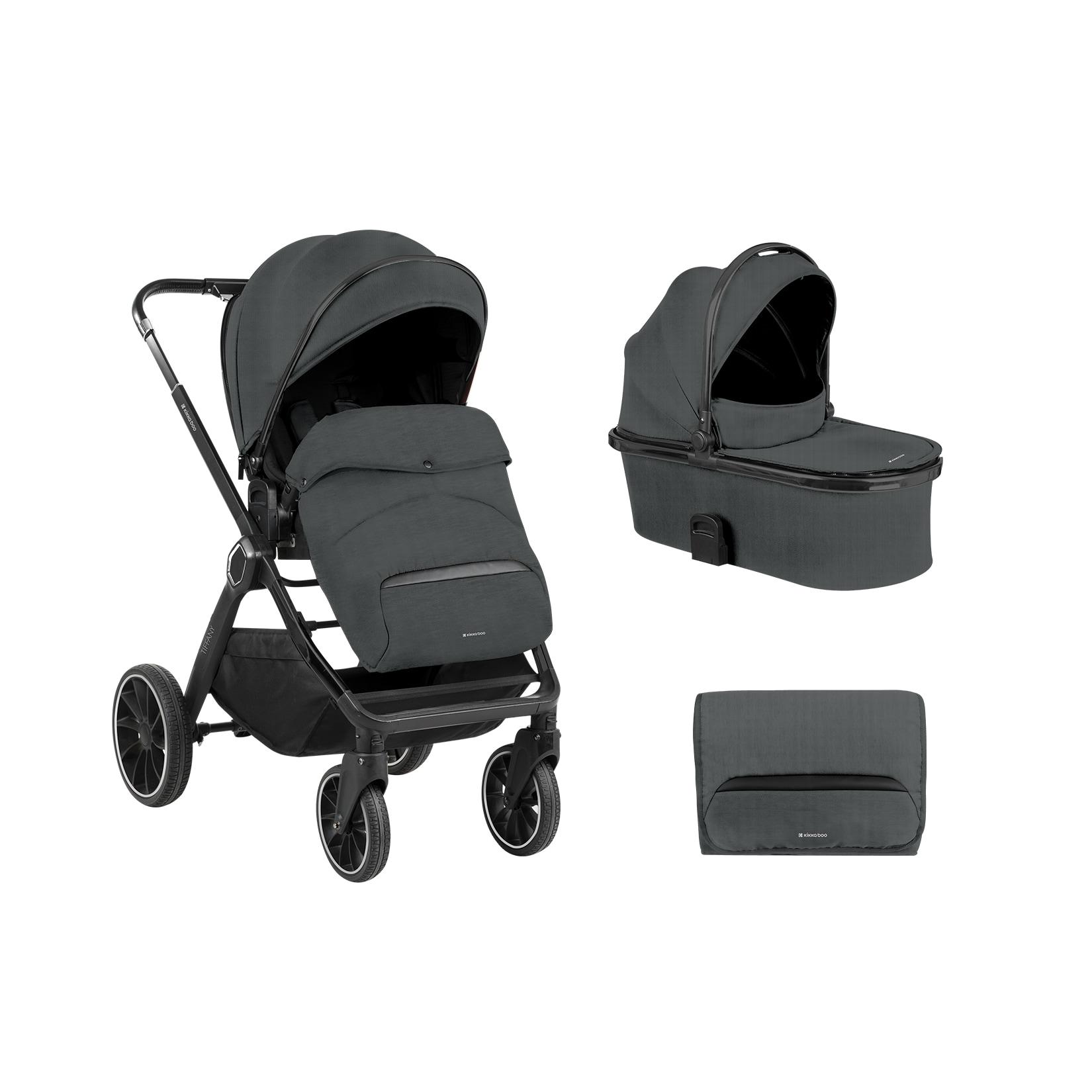 Kikkaboo Kinderwagen Tiffany 2 in 1 Babywanne, Sportsitz, Wickeltasche, PU-Räder grau/schwarz