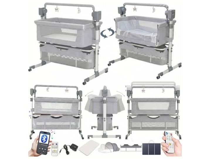 Magic ZC Elektrische Bluetooth Intelligent Beistellbett Baby mit Rollen, Faltbar Co-Sleeping Babybett, Stubenwagen Kleinkind Wiege mit Fernbedienung, Musik und 5-schwankende Zahnräder (601 Mid Grey)
