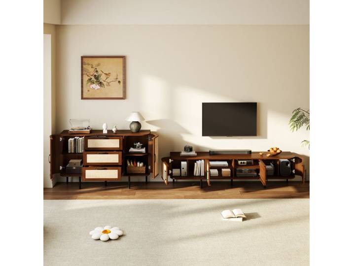 Ensemble meuble TV & buffet - ZEVKOR - Ensemble TV et buffet - Façades effet cannage - MDF noyer - Poignées et pieds métal