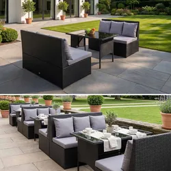 Poly-Rattan Garnitur MCW-G16, Garten-/Lounge-Set Sitzgruppe, Gastronomie 2x2er Sofa Tisch ~ schwarz, Kissen hellgrau