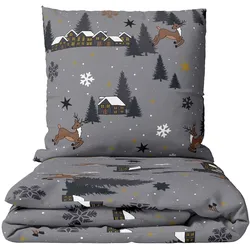 Leonado Vicenti Kuschelige Winter Bettwäsche Fleece 135x200 cm Grau Elch Schneeflocken mit Reißverschluss 2 teilig