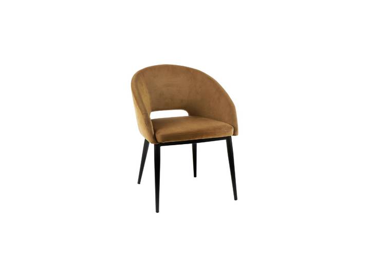 Chaise en velours marron, dossier enveloppant, pieds métal noir -