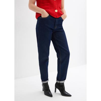 Mom-Jeans BONPRIX, Damen, Gr. 36, N-Gr, tiefblau denim ungewaschen (länge: regulär), Obermaterial: 99% Baumwolle, 1% Elasthan, loose fit, Jeans, hoher Bund, verkürzte Beinlänge, lockere Passform, mit Elasthan-Anteil