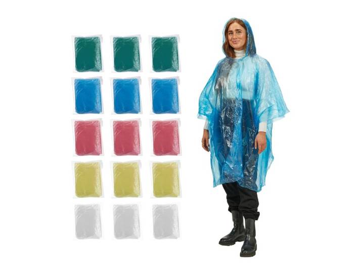 Relaxdays Einweg Regenponcho 15er Set bunt