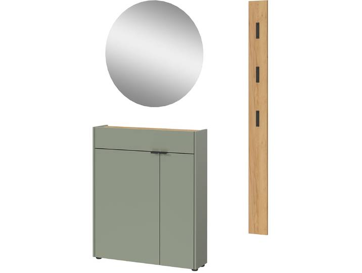 Garderoben-Set GERMANIA GW-Ameca , grün (taupegrün, navarra, eiche, nachbildung), B:113cm H:200cm T:22cm, Holzwerkstoff, Kastenmöbel-Sets, Garderoben-Set, Garderoben-Set beinhaltet: Schrank, Spiegel und Garderobenpaneel