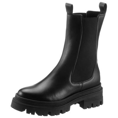 Chelseaboots TAMARIS, Damen, Gr. 42, wärmend, schwarz, Elastischer Einsatz, Glattleder, schimmernd, unifarben, Basic, Schuhe Chelseaboots, Blockabsatz, Schlupfboot, Chelseaboot für Damen, Topseller