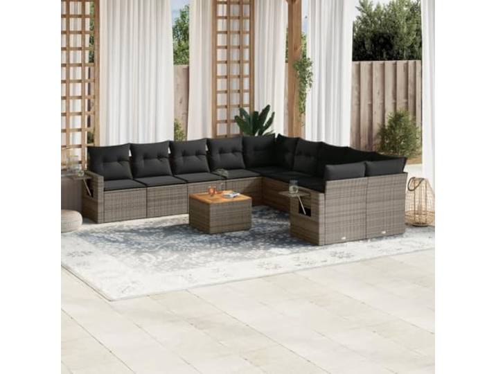 POUFGDR Gartenmöbel, 11-teilig, Kunstharz, gewebt, Kissen, Grau Beistelltisch, klappbar, Akazienholz, abnehmbarer Bezug, modulares Design