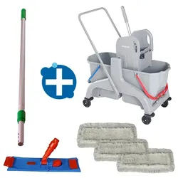 Reinigungswagen Set Bayersan Luck 50 cm Doppelfahrwagen 2x18 L, Mopklapphalter, Möppe, Teleskopstiel