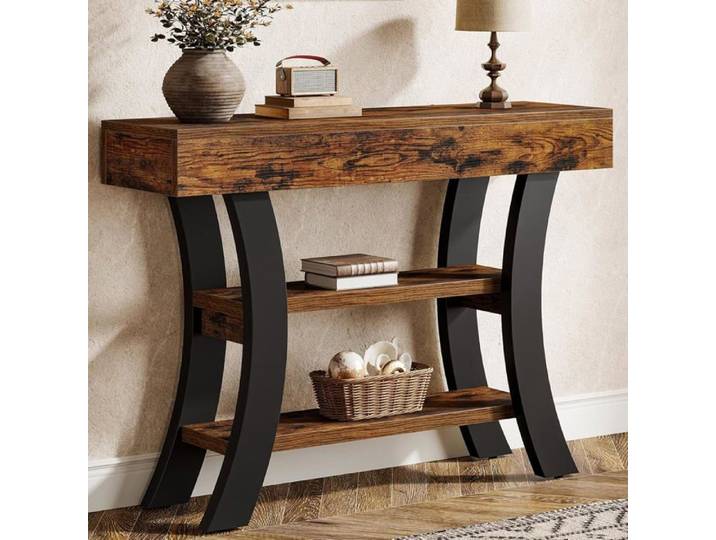 Tribesigns Table Console 105 cm 3 niveaux Marron Rustique Salon et Entrée