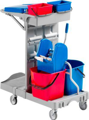 Reinigungswagen Poly II, 2 x 4 L Eimer, 2 x 15 L Eimer, Mopppresse u. Stielhalterung