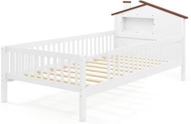 Costway Twin Size Kids Montessori Bed with House-Shaped Headboard and Built-in Storage Shelf-White