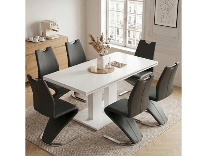 JIEXI Ausziehbarer Esstisch und 6 Stühle Set, Ausziehtisch 140-180cm Mermaid Design, PU-Leder, Moderner Küchentisch, Für Haus, Küche, Wohnzimmer, Esszimmer