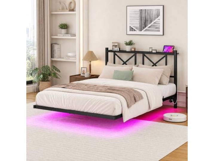 Bellemave Schwebebett 120x200 cm mit LED und USB Metallbett mit versteckten Stützfüßen, Kopfteil mit Ablage, schwarzer Lattenrost, ohne Matratze