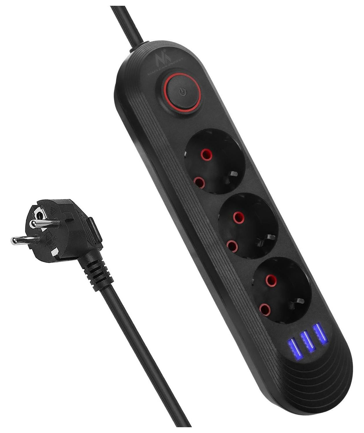 Lustrens Stekkerdoos met 3 stopcontacten en 3 USB-poorten, 2500W, 1,5m