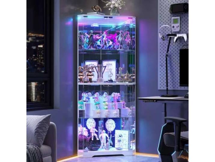 FREDEES 164cm Glasvitrine mit RGB-Beleuchtung & Glastüren Eckdesign, 4 Ebenen, Intelligente Bewegungssensor, Verstellbare Böden, Für Figuren, Spielzeug & Bücher, Weiß