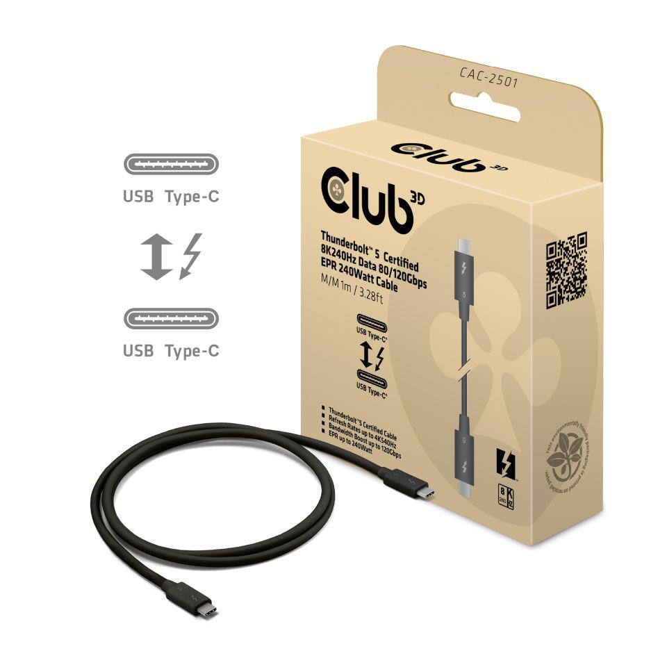 Club 3D Thunderbolt 5 Zertifiziertes 8K240Hz Daten 80/120 Gbps EPR 240 Watt Kabel St./St. 1m schwarz