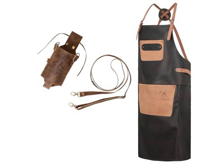 Black Forest Fox SET X-FOX Büffelleder Grill Koch & Küchen Schürze + Getränkeholster Holly Holster – Leder Flaschenhalter für Partybecher, Bierflaschen, Getränkedosen – FOX-X SET 2