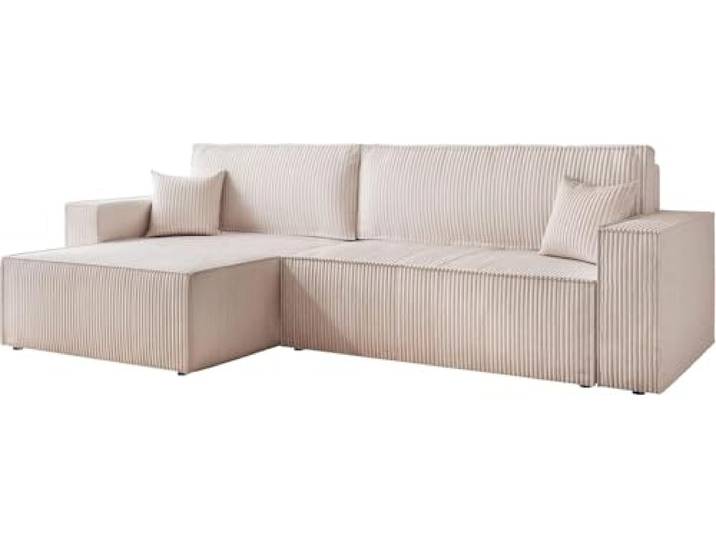 Ecksofa XL mit Schlaffunktion und Bettkasten 276 x 145 cm 276 x 145 x 79 cm, Kiefernholz und MDF, Hoher Sitzkomfort, Flexible Ottomane, Wohnen und Schlafen, Integrierter Bettkasten