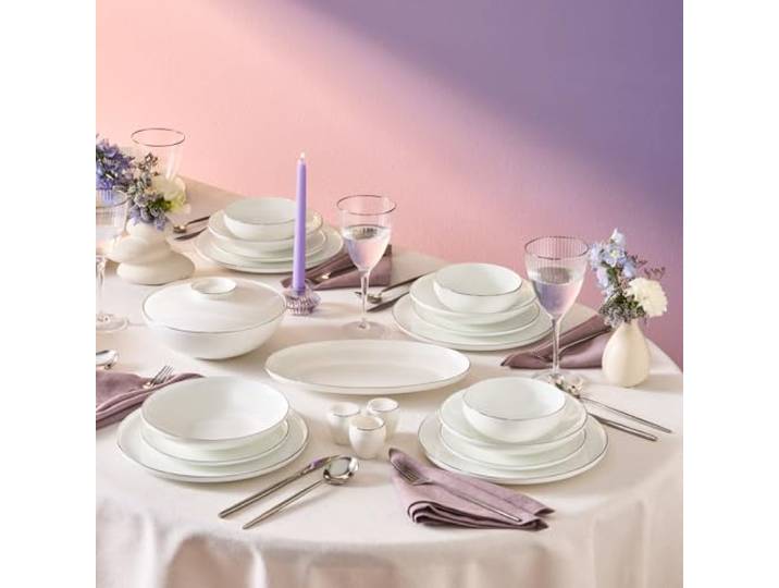 Karaca New Meridian 55-teiliges Geschirrset für 12 Personen, Elegantes Teller Set, Langlebiges Bone China Geschirr, Weiß mit Platin Tafelservice