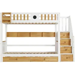 STILVORA Etagenbett Massivholz/MDF Weiß/Natur 90x200 cm mit Stauraumtreppe, Fallschutz und 2 Schubladen