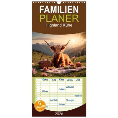 Familienplaner 2026 - Highland Kühe mit 5 Spalten (Wandkalender, 21 x 45 cm) CALVENDO
