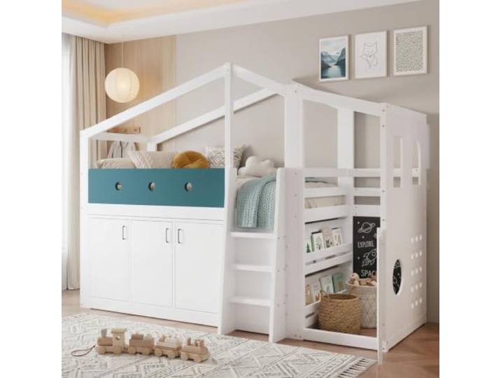 BXEYXE Halbhohes Kinderbett 90x200 cm in Hausform, Holz-Hochbett mit Spielbereich, Stauraumschrank und Leiter – platzsparendes Funktionsbett für Kinderzimmer
