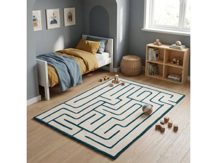 Morgenland Kinderteppich Handgetuftet Wolle Petrolblau 140x200cm 100% Schurwolle, Kollektion Kids, Kinderzimmer, Handarbeit, Rechteckig