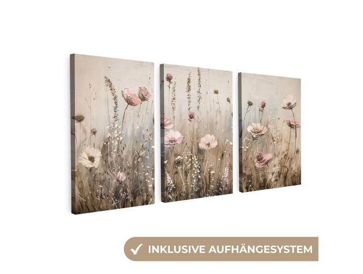 MuchoWow Leinwandbild - 3er Set - Blumen - Beige - Modern - Rosa - 120x60, Ecru, Textil, Kiefer, Rechteckig, 120x60 cm, Keilrahmen, Bilder & Rahmen, Bilder, Wandbilder