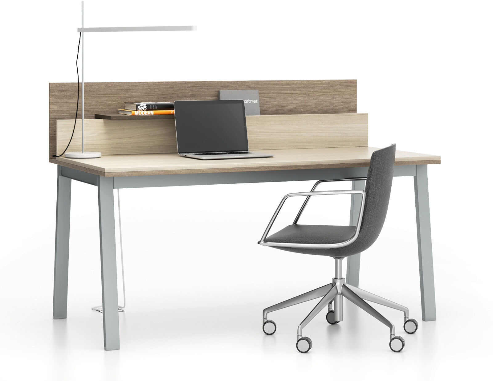 PLAN Büroschreibtisch SINGLE LAYERS, 160x80 cm, mit Trennwänden, Eiche natur/Eiche gebeizt