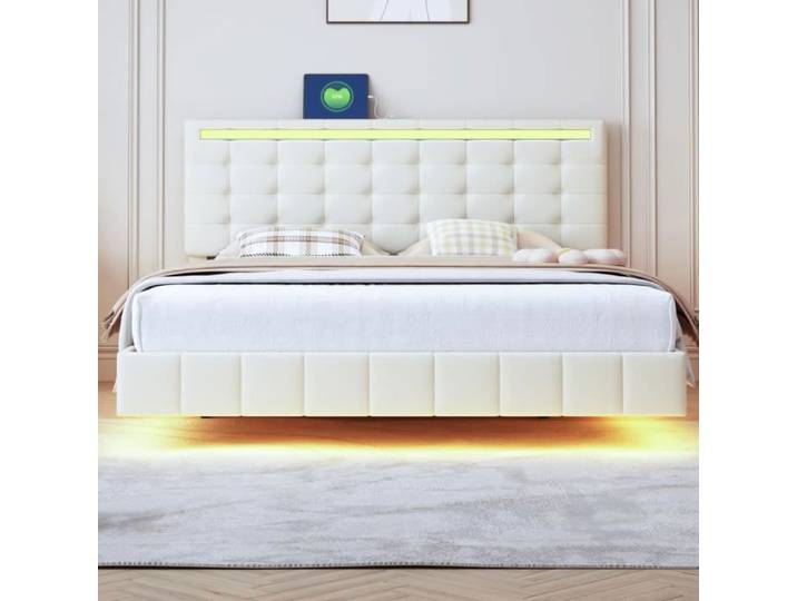 Lit Rembourré Moderne en Lin Doux Lit Flottant 160x200 cm avec Tête de Lit Réglable et Eclairage LED Intégré Beige