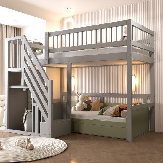Massivholz-Schlafzimmerbett 90x200, Hochbett mit Aufbewahrungsregal, Einzelbett, Jugendbett, Bett mit massivem Holzrahmen, hochwertige Ausführung, Grau