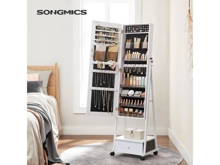 SONGMICS Armoire à bijoux avec miroir psyché verouillable avec tiroir étagère roulettes idée cadeau Blanc JJC004W02