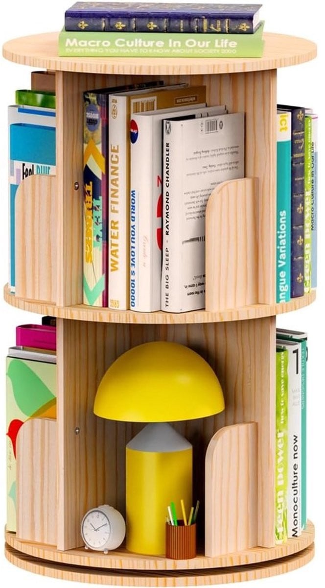 Draaibare Boekenkast met 2 Etagères, 360° Ronde Display Hoekkast