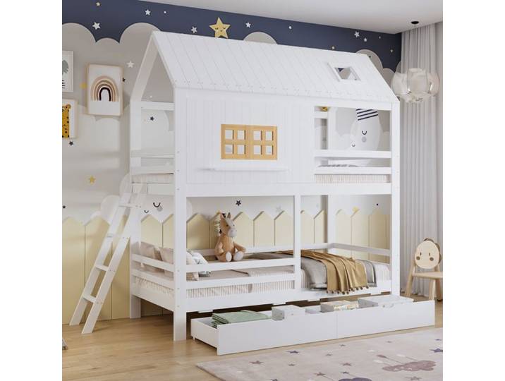 Lit superposé - SOGEU - Lit cabane superposé 90x200 - Pin massif FSC - 2 tiroirs - Design scandinave