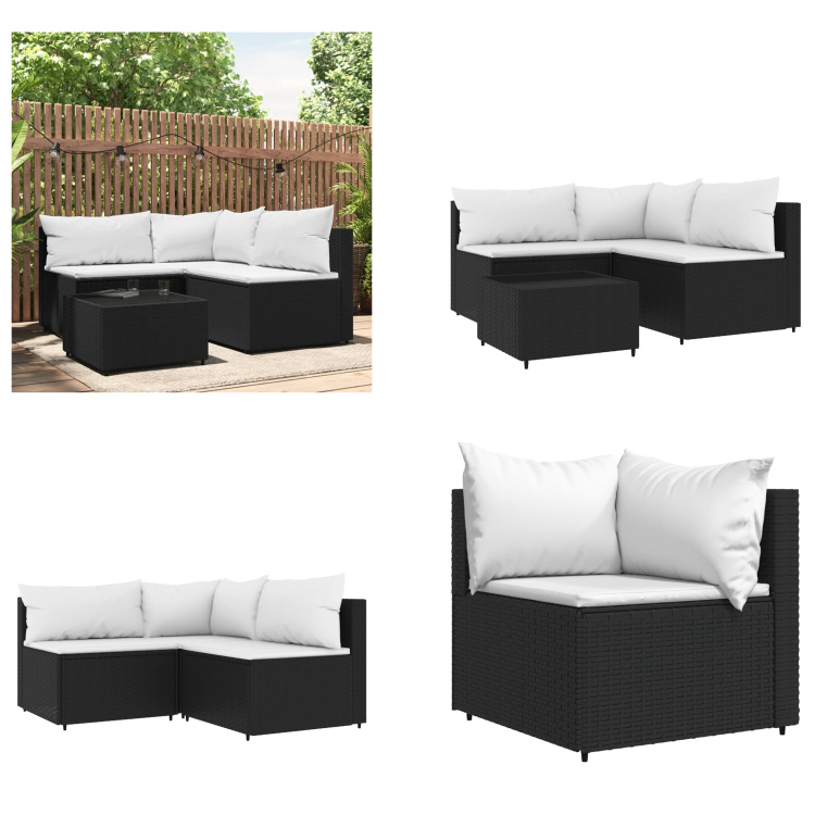vidaXL 4 tlg. Garten Lounge Set mit Kissen Schwarz Poly Rattan - Garten Lounge Set - Garten Lounge Sets - Outdoor Lounge Set - Lounge Set Terrasse
