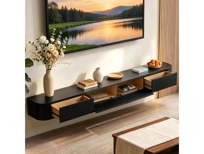 An Der Wand Montierter TV-Ständer Aus Massivholz, Moderner Schwebender TV-Schrank, Schwebende TV-Einheit Für Das Wohnzimmer, Platzsparendes TV-Regal Mit Stauraum, Für Die Wohnzimmerdekoration(Schwarz,