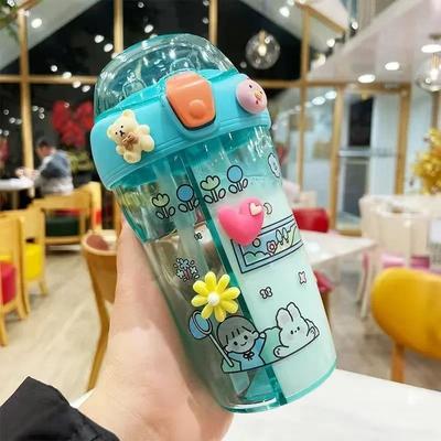 Uplift Picks Kids Water Bottle With Double Straw Leak Proof Cute Plastic Bottle 430ml blue