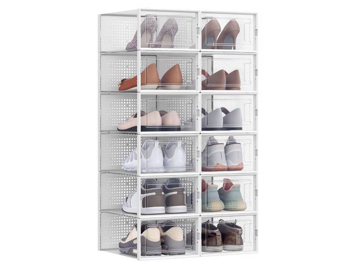 Boxxx Schuhbox, Weiß, Transparent, Kunststoff, 12 Fächer, 33.5x14.3x23.2 cm, faltbar, stapelbar, mit Türen, Ordnen & Aufbewahren, Kleideraufbewahrung, Kleidersäcke & Vakuumbeutel