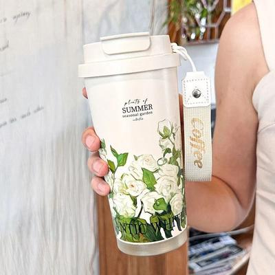 Uplifted Finds 500ml Flower Pattern Insulated Coffee Cup Stainless Steel Double Wall Vacuum Travel Mug white Rose