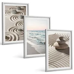 BILDER SET 3er Set - 40x60 cm Silberner Rahmen - Wellen, Sand, Wasser, Steine, Strand