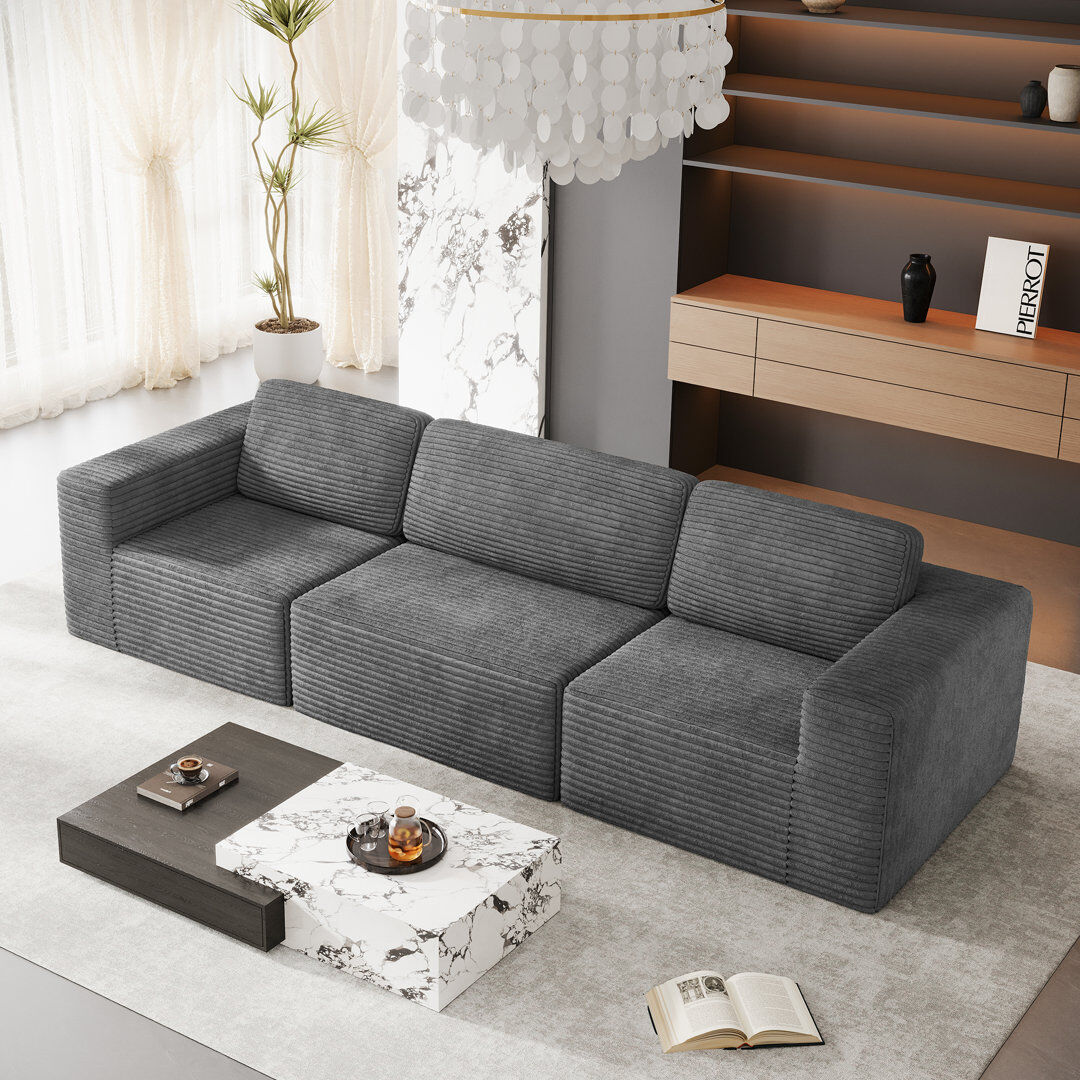 17 Stories 3 Seater Corduroy Sofa Grey 82cm H X 303cm W X 101cm D