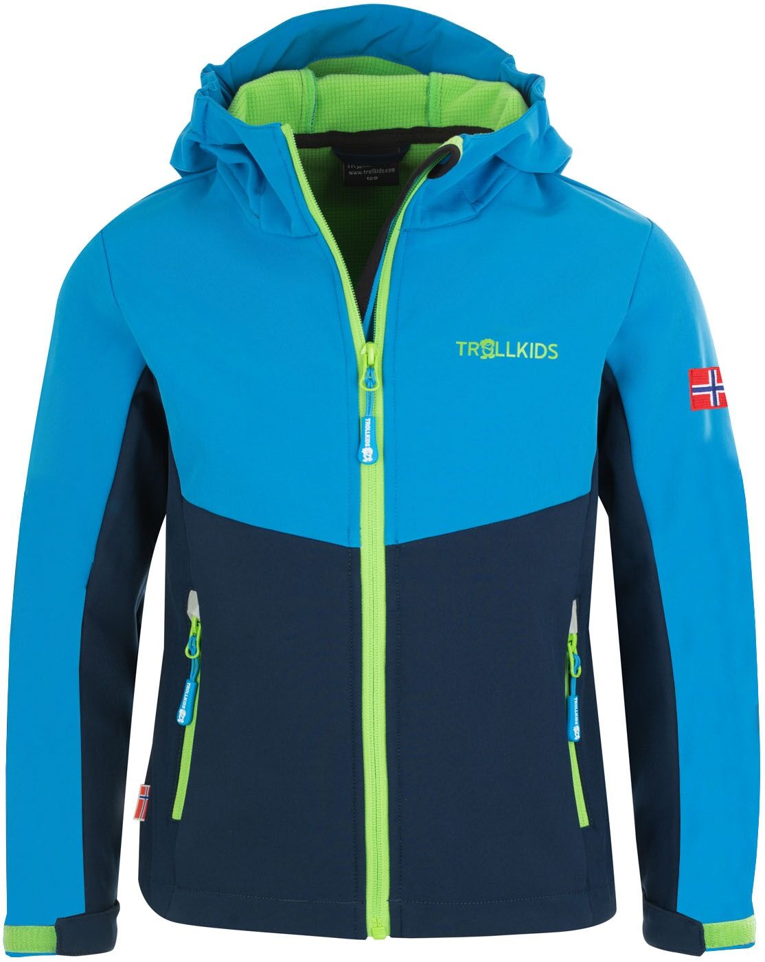 Softshelljacke TROLLKIDS "KIDS KRISTIANSAND JACKET", Kinder, Gr. 104, grün (navy, medium blau, grün), Softshell, Obermaterial: 94% Polyamid, 6% Elasthan, Jacken Softshelljacke, für Kinder und Jugendliche geeignet, Langarm-Ausführung