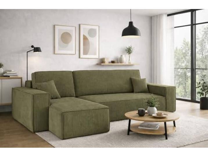 Kaiser Möbel, Ecksofa mit schlaffunktion, mit Bettkasten, Schlafsofa Best, Designer Sofa, Modern Design Couch, Polsterecke, Freistehend, Dicker Cord, Olive Links