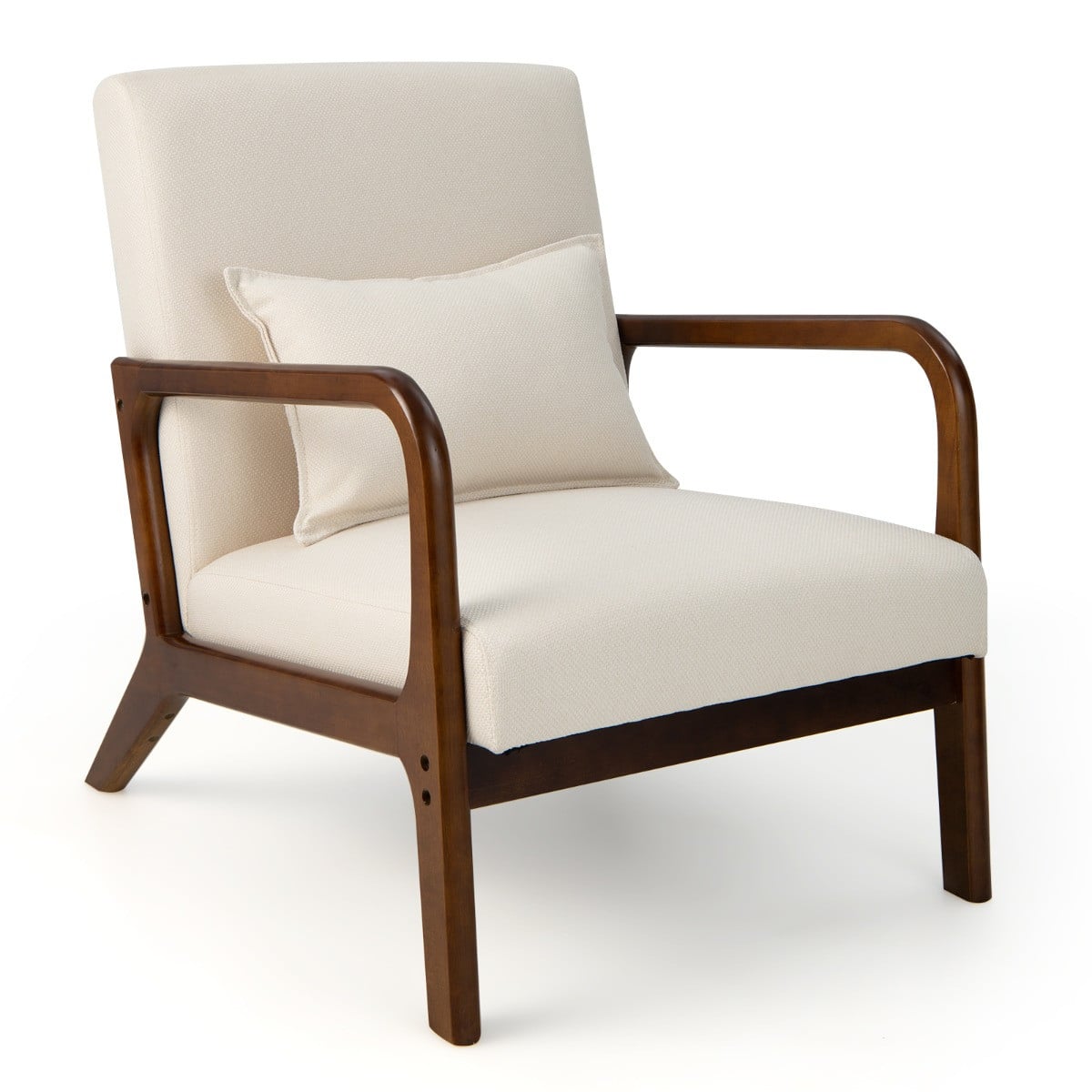 Costway Moderne Gestoffeerde Fauteuil met Houten Armleuningen - Beige