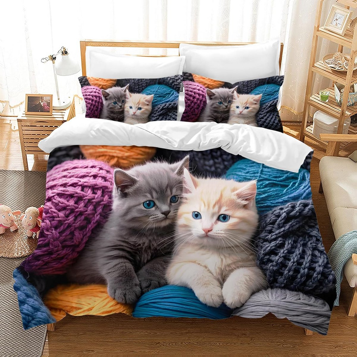 Luxe 3-delige katoenen dekbedovertrekset voor tweepersoonsbed met kattenprint inclusief 2 kussenslopen