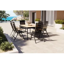 OUTFLEXX Glasgow Garten-Essgruppe für 6 Personen, anthrazit matt/natur, Alu/Holzimitat, klappbar,  pulverbeschichtet