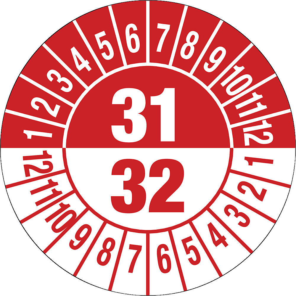 kaiserkraft Prüfplakette, Mehrjahreszahlen, Dokumentenfolie, Ø 30 mm, VE 10 Stk, 31/32, rot